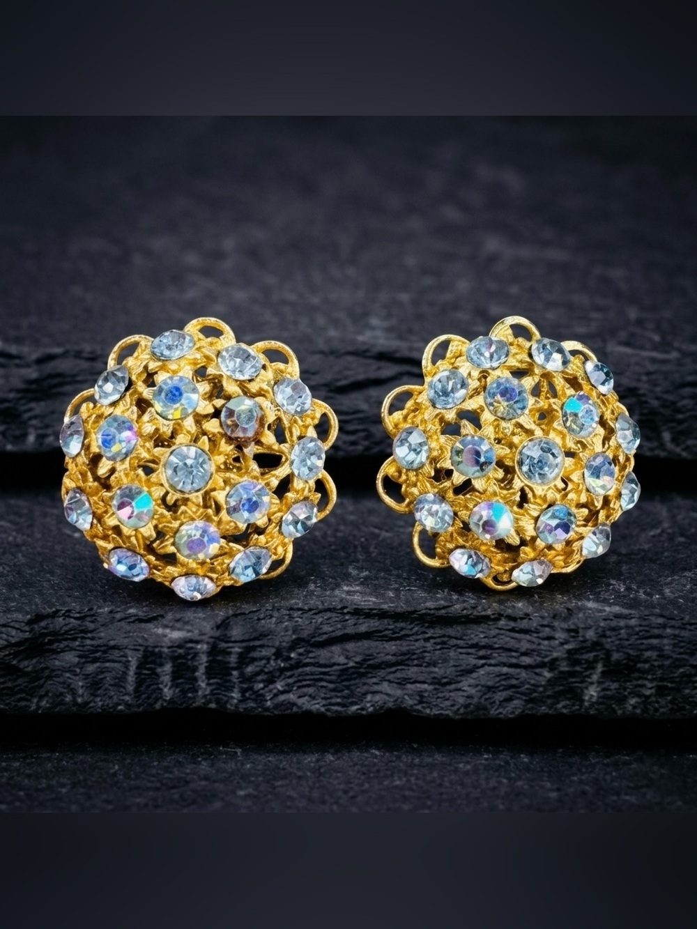 Vintage 50s Blue Aurora Borealis Crystal Filigree Cluster GoldTone Clip Earrings